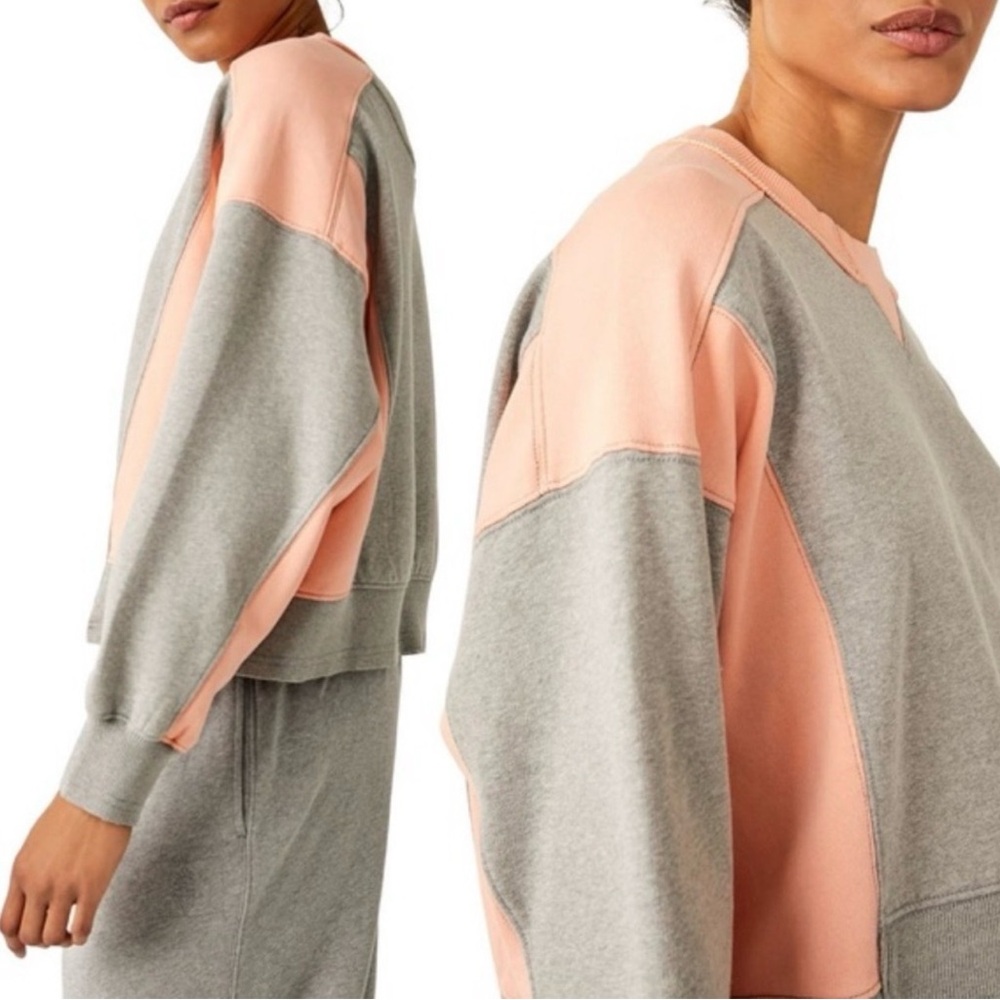 Free People Gray and Peach Colorblock Cropped Sweatshirt